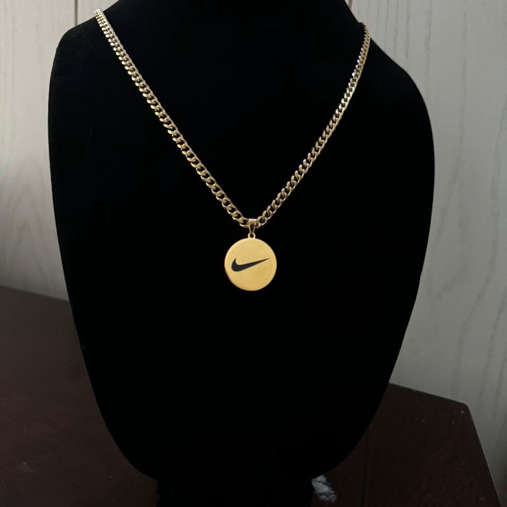 Nike Necklace - Nike Circle Pendant - Gold Plated 5mm Cuban - 22" Chain - Easter